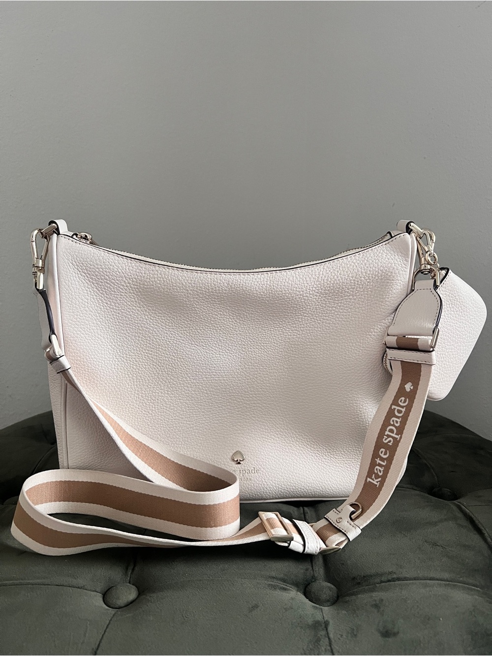kate spade Cream Pebbled Leather Shoulder Bag with Stripe Strap